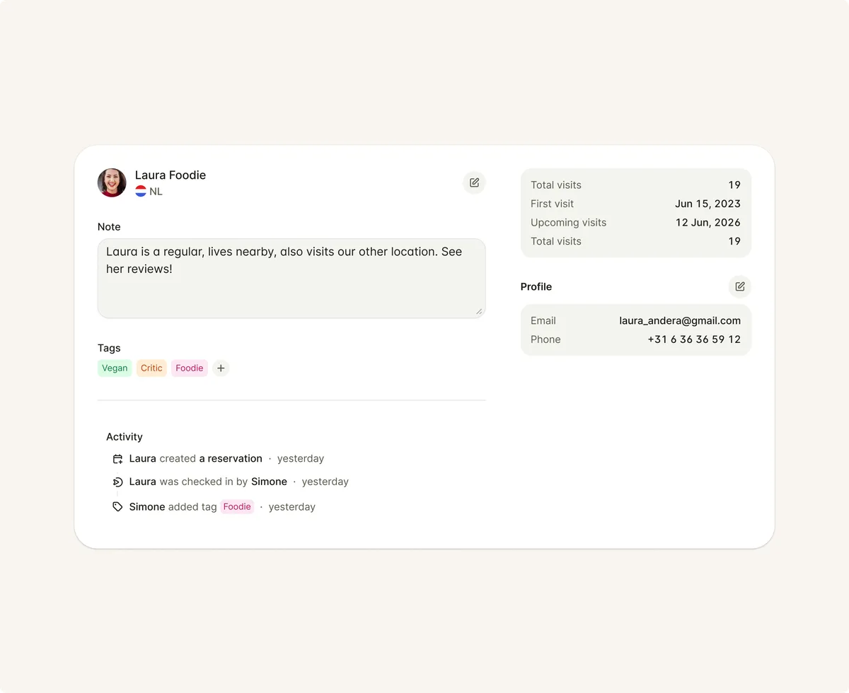 Guest profile with a note, tags, visit count and contact details