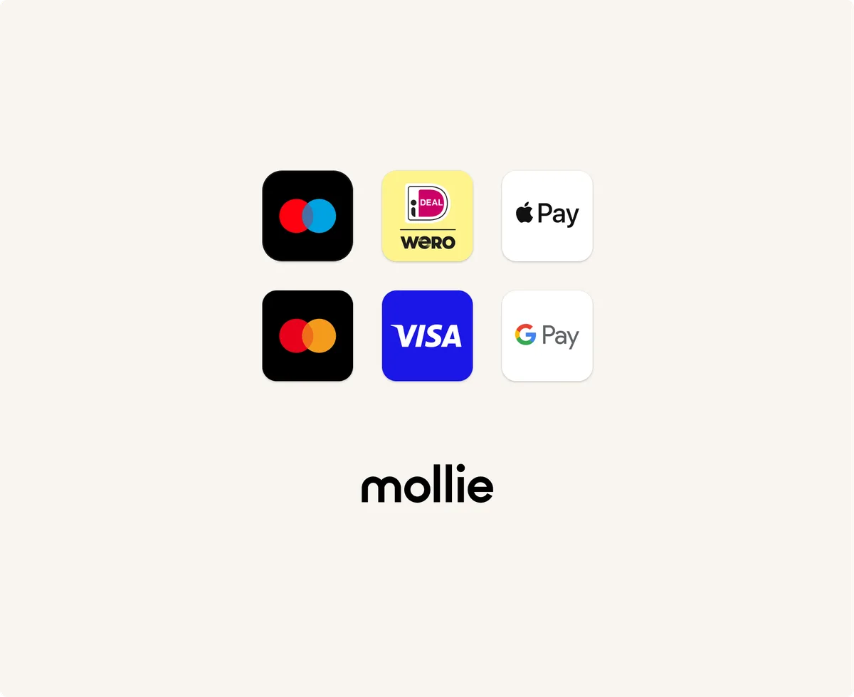 Betaalmethoden via Mollie, waaronder iDEAL, Apple Pay, Visa, Mastercard en Google Pay