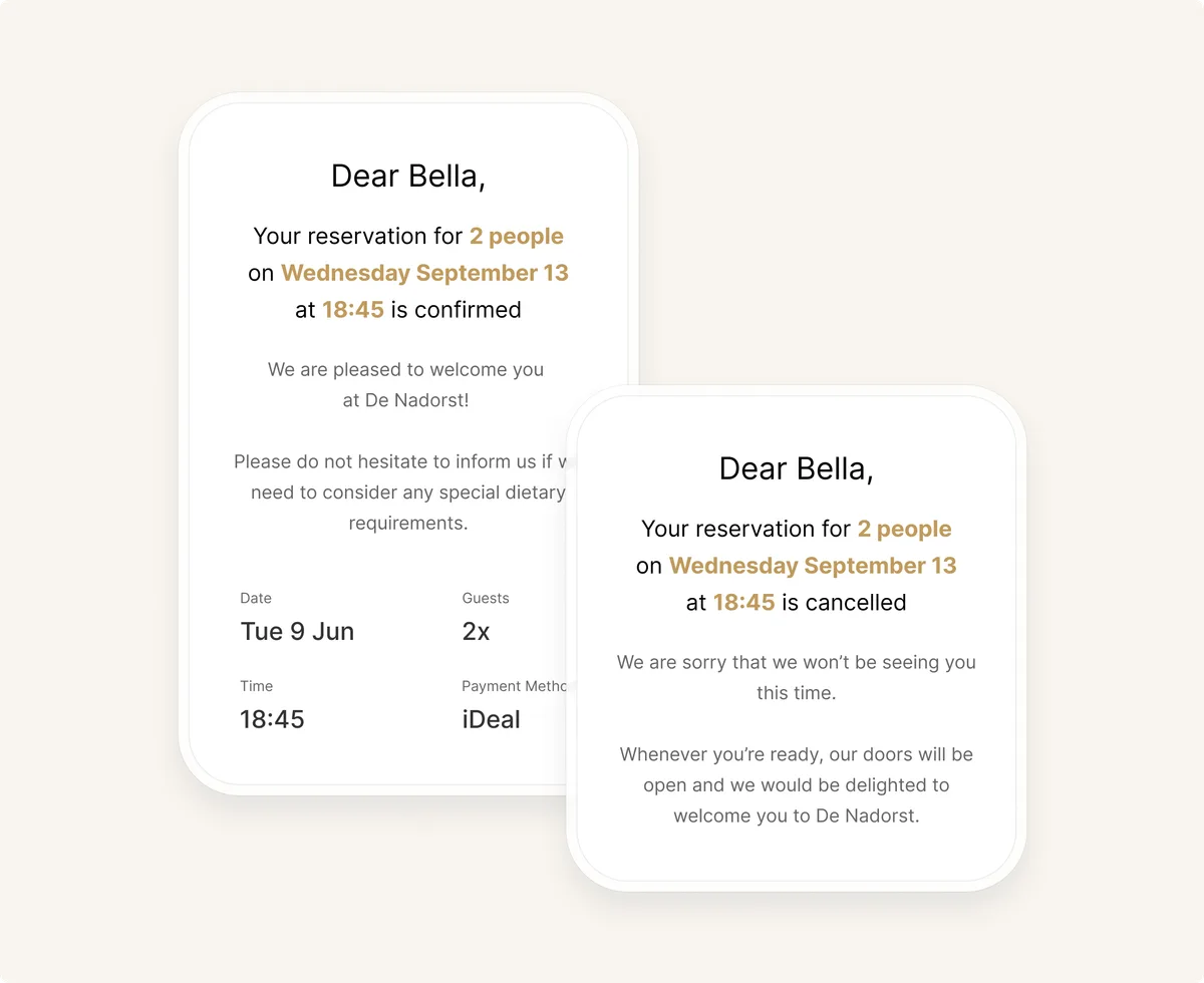 Confirmation and cancellation emails in the restaurant's own style