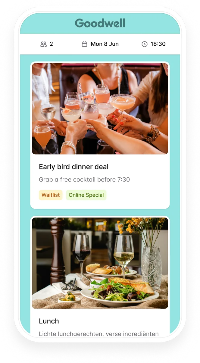 Reservation widget with an early bird dinner deal