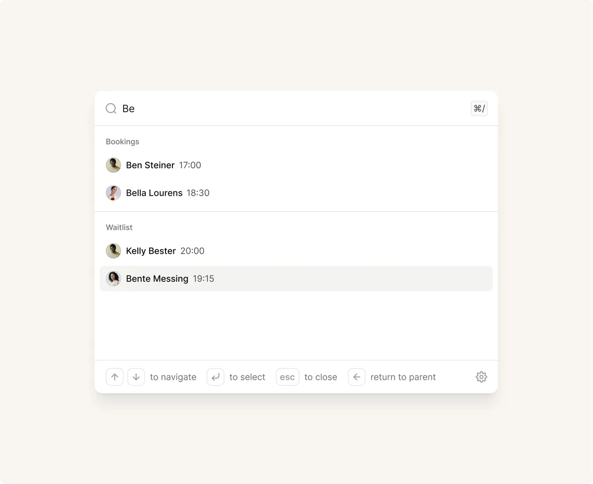 Search bar showing a guest's matching bookings and waitlist entries