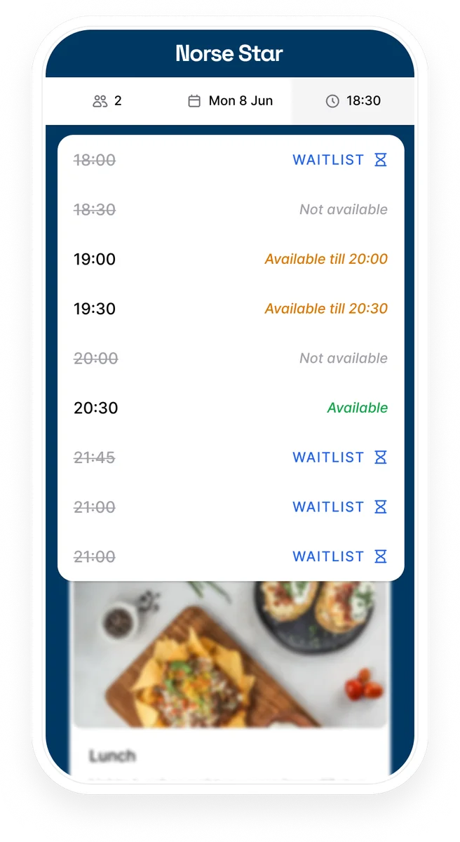 Reservation widget showing fully booked time slots guests can join the waitlist for